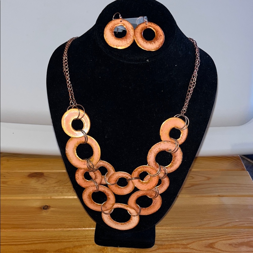 Elegant Coppery Orange Circle Necklace and Earring Set